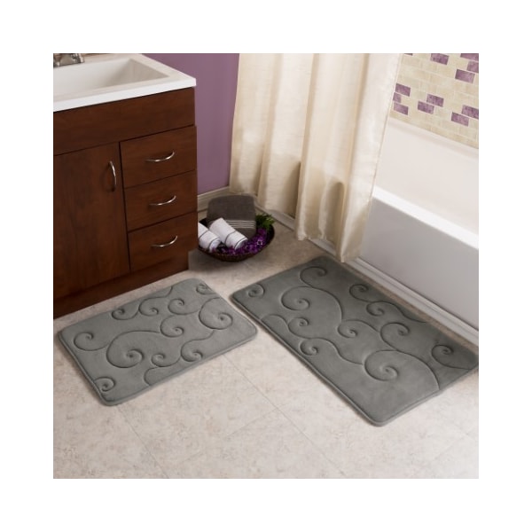 Hastings Home 2 pc Memory Foam Bath Mat Set by Hastings Home -Coral Fleece Embossed Pattern - Platinum 588220MKH - main